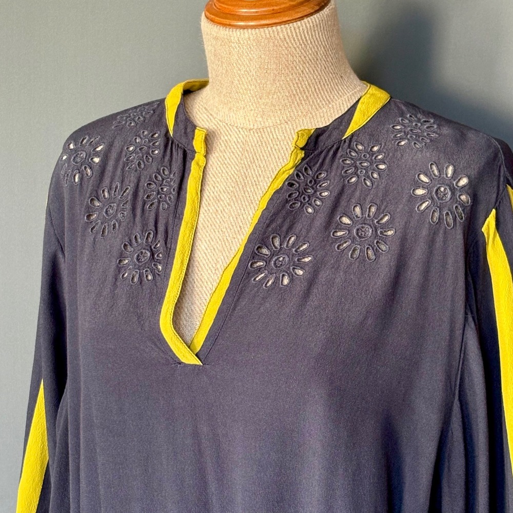 Johnny Was Boho Floral Midi Dress | Size Medium | Navy Blue Yellow Embroidered